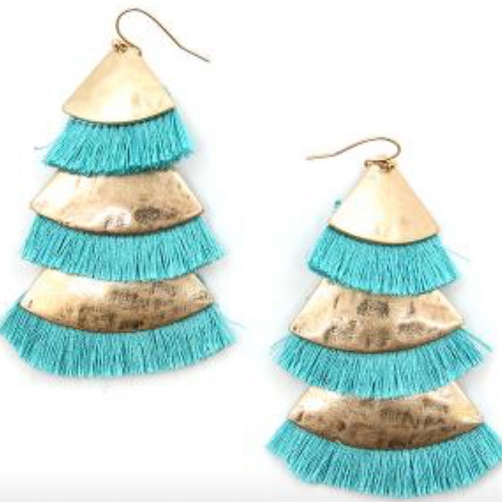 Triangle Fringe Fan Earrings Turquoise and Gold